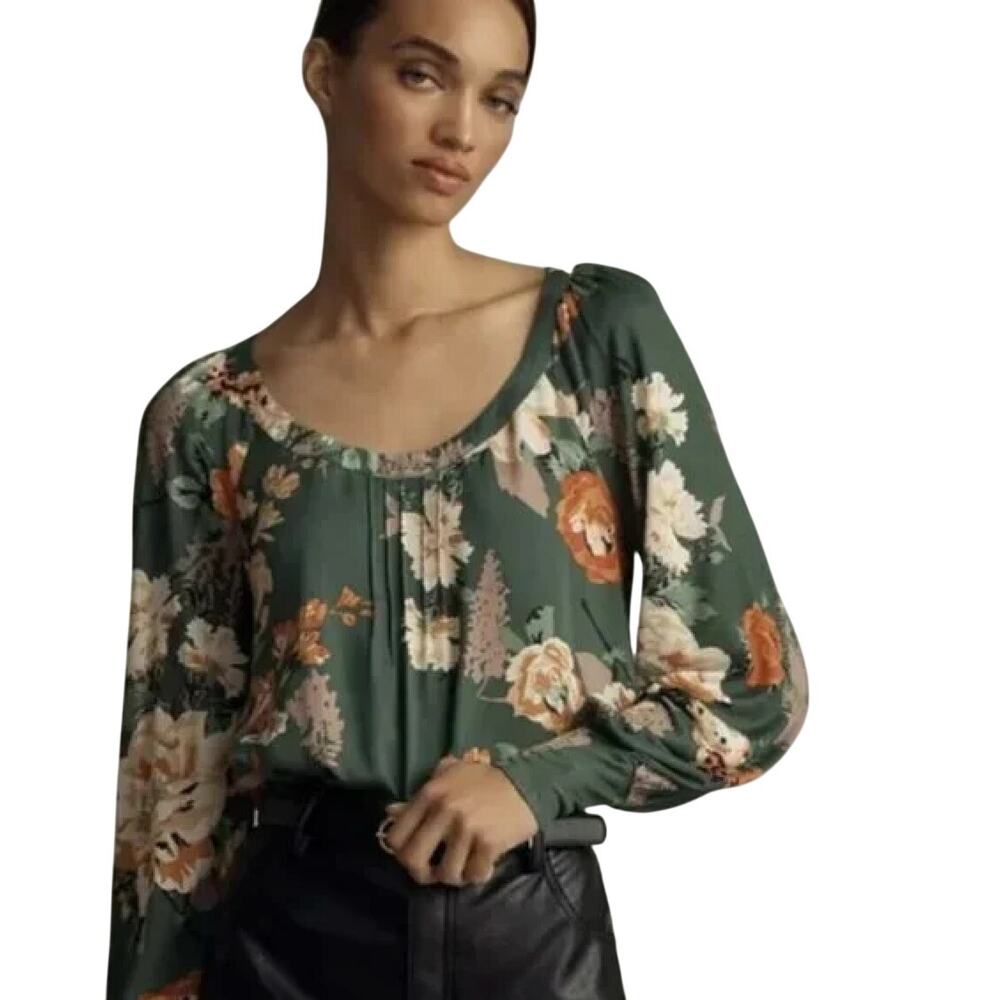 NWT Anthropologie Tiny Scoop-Neck Raglan Green Floral Long Sleeve Top Sz Small